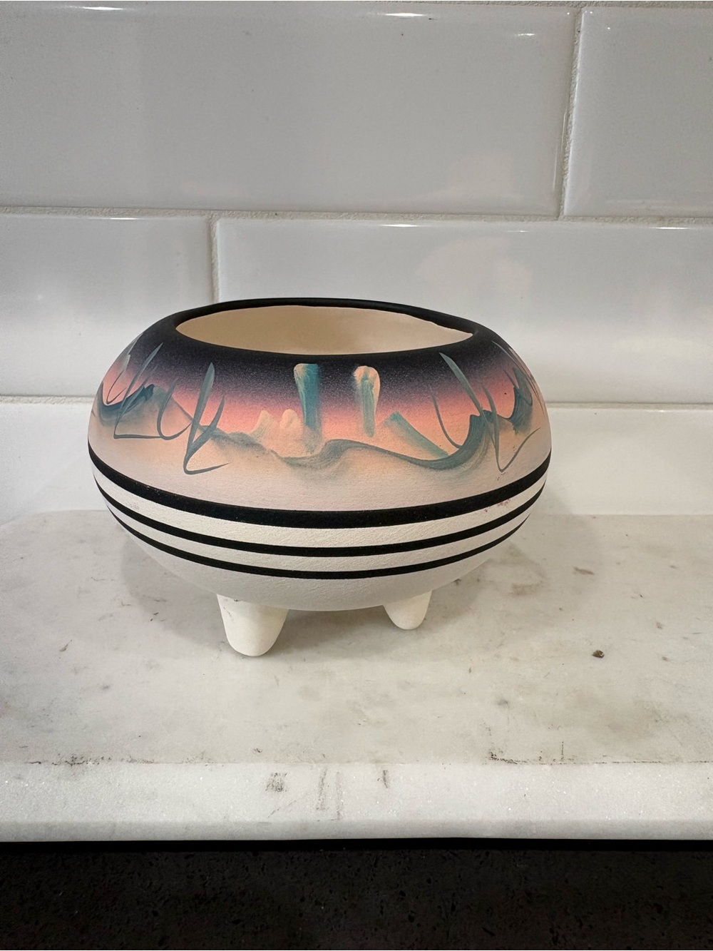 Three-Legged Ceramic Accent Bowl in Pink, Black and Teal